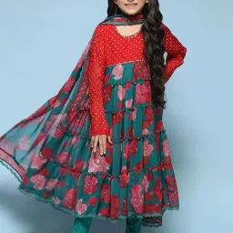 BIBA Girls Kids Teal Blue & Red Printed Full Sleeves Kurta Set-picture-17