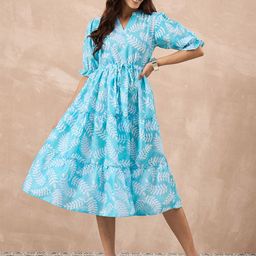 all about you Women Tropical Print V-Neck A-Line Midi Dress-picture-13