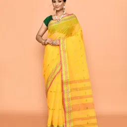 PUKU Ethnic Motifs Woven Design Zari Pure Cotton Taant Saree-picture-10