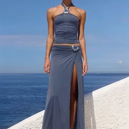 LULU & SKY Halter Neck Sleeveless Top With Slit Maxi Skirt-picture-13