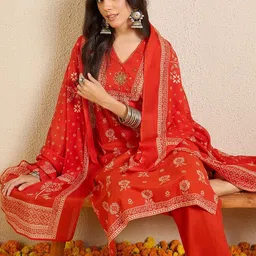 Indo Era Women Ethnic Motifs Printed Regular Thread Work Pure Cotton Kurta with Trousers & With Dupatta image 3