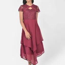 Latin Quarters Maroon Lace High-Low Dress-image-79
