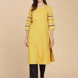 Fabindia Mustard Cotton Embroidered Straight Kurta-image-12