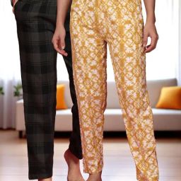 Kryptic Mustard & Green Cotton Relaxed Fit Printed Lounge Pants - Pack of 2-picture-3