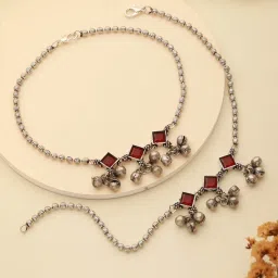 Saraf RS Jewellery Oxidised Silver Plated Red Stone Anklet-image-58