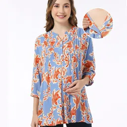 Bella Mama Viscose Woven with Pintucks Three Fourth Sleeves Maternity Top with Floral Print - Blue-picture-18