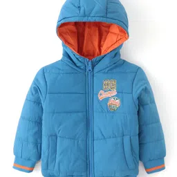 Babyhug Woven Full Sleeves Hooded Padded Jacket with Text Embroidery - Blue & Orange-picture-17