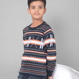 CRIMSOUNE CLUB Cotton Full Sleeves Abstract Designed Sweater - Navy-picture-34