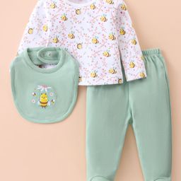 ToffyHouse 100% Cotton Knit Full Sleeves Top With Bib & Footed Leggings Set With Floral & Bees Print - Sea Green-picture-4