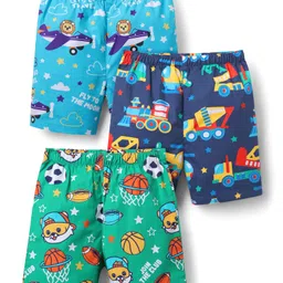 Babyhug Cotton Woven Above Knee Length Boxer with Animal & Vehicle Print Pack of 3 - Green & Blue-image-86