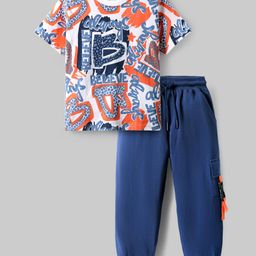 OLLINGTON ST. Cotton Knit Half Sleeves Text Printed T-Shirt & Knit Joggers Set - Multicolor & Navy Blue-picture-13
