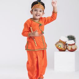 Dapper Dudes Janmashtami Theme Full Sleeves Lord Krishna Costume Set - Orange-picture-35