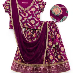 EARTHY TOUCH Single Jersey Knit Choli Lehenga & Dupatta Set With Floral Print - Purple-picture-21