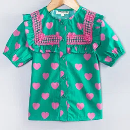 Hugsntugs Cotton Woven Half Puffed Sleeves Hearts Printed & Lace Embellished Frock Style Top - Green-image-43