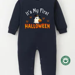 BLUSHES 100% Cotton Knit Halloween Theme Full Sleeves Its My First Halloween Text Printed Romper - Navy Blue-picture-10