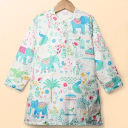 Babyhug Woven Full Sleeves Textured Kurta & Dhoti Set With Floral & Animal Print - White & Light Blue image 2