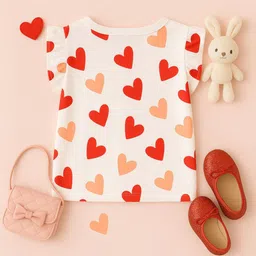 Luke and Lilly Cotton Knit Half Frill Sleeves Hearts Printed Top - White image 3
