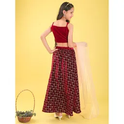 ISHTI Velvet Woven Sleeveless Stone Embellished Applique Detailed Lehenga Choli With Dupatta Set - Maroon image 3