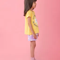 Babyhug Cotton Knit Half Sleeves Night Suit With Floral Print - Yellow & Lavender image 3