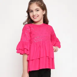 ISHTI Three Fourth Frill Sleeves & Sequin Detailed Top - Rani Pink image 4