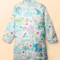 Babyhug Woven Full Sleeves Textured Kurta & Dhoti Set With Floral & Animal Print - White & Light Blue image 3