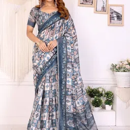 HERE&NOW Blue Printed Cotton Blend Chanderi Sarees-picture-25