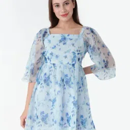 Zink London White & Blue Floral Print A Line Dress-image-4