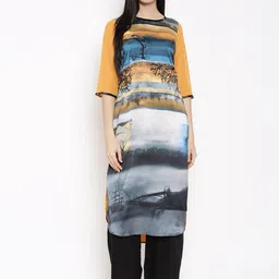 WISHFUL by W Women Grey & YelloWISHFUL by W Scenery Print Kurta-image-74