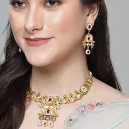 Karatcart Gold-Plated Red Stone Peacock Design Temple Jewellery Set for Women-image-13