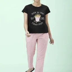 Dreamz by Pantaloons Black & Pink Cotton Printed Top Pyjamas Set-image-7
