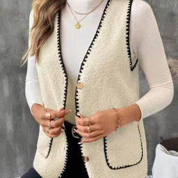 LULU & SKY Women Boucle Colourblocked Buttoned V-neck Sweater Vest with Embroidered Detail image 4