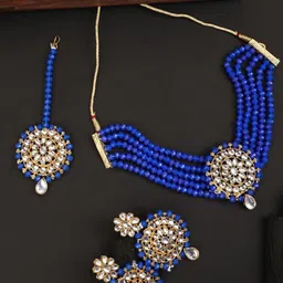 EVY Gold Plated Kundan Studded & Beaded Choker Jewellery Set-picture-11