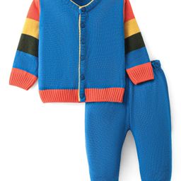 Doodle Poodle Knitted Full Sleeves Front Open Sweater Set with Cable Knit Design - Blue-picture-8