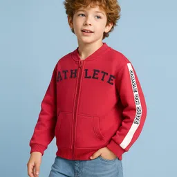 arias by lara dutta Arias Cotton Brushed Terry Front Open Bomber Jacket With Text Embroidery - Red image 1