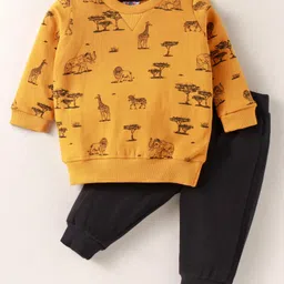 Zero Fleece Knit Full Sleeves Winter Wear Suit With Animals Print - Mustard-picture-18