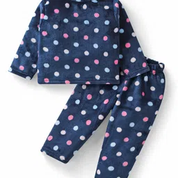 Babyhug Velour Knit Full Sleeves Winter Night Suit With Polka Dots Print - Navy Blue-image-8