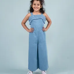 tweeny mini Pure Cotton Denim Sleeveless SolidJumpsuit - Blue-image-0