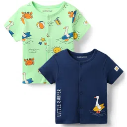 Babyoye 100% Cotton Interlock Knit Half Sleeves Vest With Bird Print Pack Of 2 - Navy Blue & Light Green-picture-20