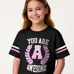 Pine Kids Cotton Knit Half Sleeves Drop Shoulder T-Shirt with You are AwesomePrint - Black-picture-19