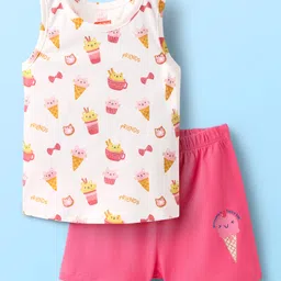 Babyhug 100% Cotton Knit Sleeveless Sando Vest & Shorts Set With Ice Cream Print - White & Pink-picture-28