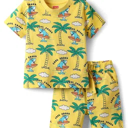 Babyhug Cotton Knit Half Sleeves Co-ords Shorts Night Suit With Beach Theme Print - Yellow-picture-14