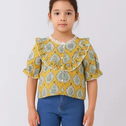 Aww Hunnie 100% Cotton Woven Half Peasant Sleeves Floral Motifs Printed Top - Mustard-image-45