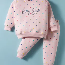 Teddy Sinker Knit Full Sleeves Co-ords Night Suit with Heart & Text Print - Pink image 1