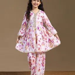 Fashion Dream Cotton Blend Woven Three Fourth Bell Sleeves Abstract Printed Gota Lace Embellished Coordinating Kurti Palazzo Set - Multi Colour-picture-16