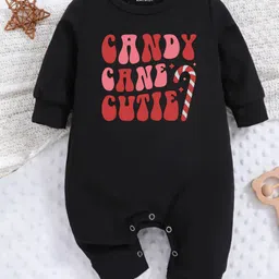 KNITROOT Cotton Knit Christmas Theme Full Sleeves Candy Cane Cutie Text Printed Romper - Black-picture-10