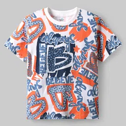 OLLINGTON ST. Cotton Knit Half Sleeves Text Printed T-Shirt & Knit Joggers Set - Multicolor & Navy Blue image 2