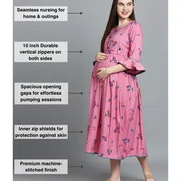 Dummy Shape Viscose Rayon Three Fourth Bell Sleeves Floral Printed Maternity Flared Kurta With Nursing Access - Baby Pink image 4