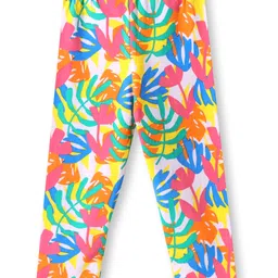 Babyhug Cotton Lycra Knit Full Length Leggings wit Polka Dots & Leaves Print Pack of 2 - Pink & White image 3