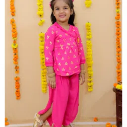 Junitos 100% Cotton Woven Three Fourth Sleeves Floral Foil Printed Angrakha Kurti With Harem Dhoti Set - Pink image 5