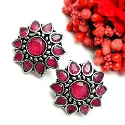 Yash Jewels Emporiums Silver-Plated Artificial Stones Studded Oxidized Floral Shaped Studs-picture-26
